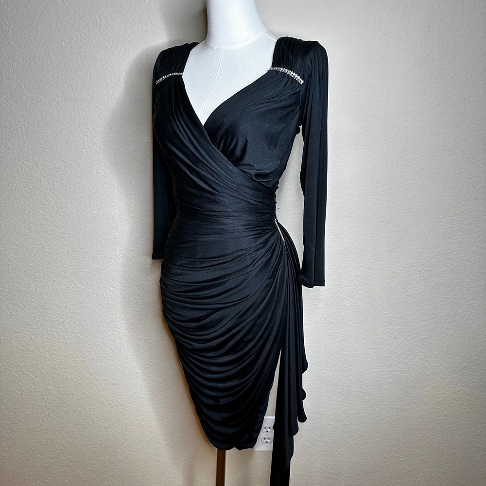 VTG Tadashi Black Shoulder Ruched Dress size XS ? Cocktail Vamp Witchy Rhineston